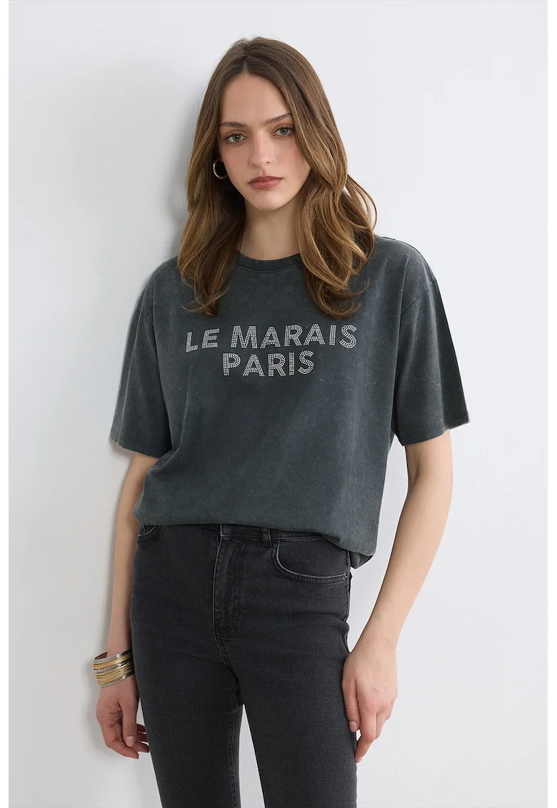 Tricou supradimensionat cu text cu strasuri, Alb/Gri carbune