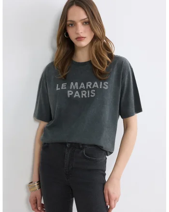 Tricou supradimensionat cu text cu strasuri, Alb/Gri carbune