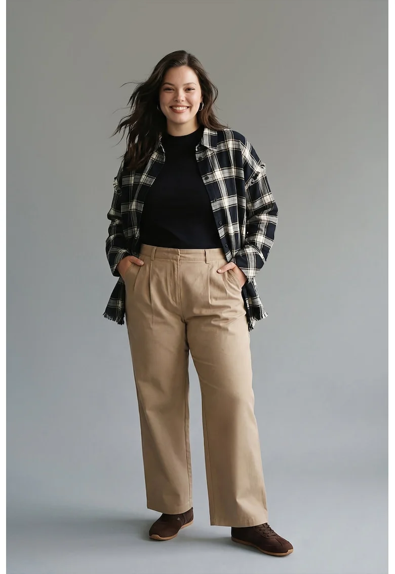 Pantaloni cu croiala ampla si buzunare laterale, Bej/Maro nisip