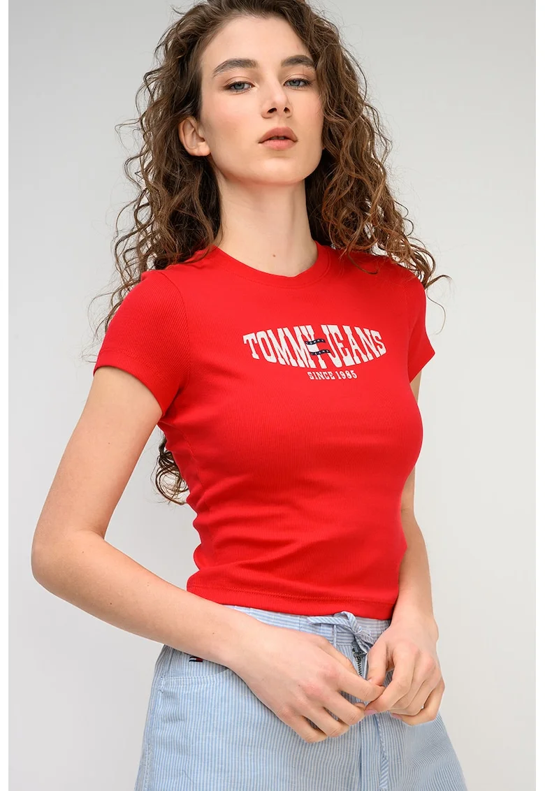 Tricou slim fit cu imprimeu logo, Alb/Rosu neon