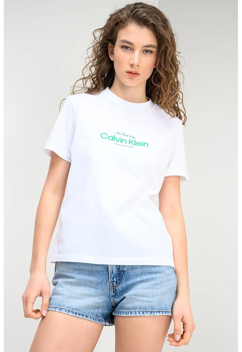 Tricou cu decolteu la baza gatului si imprimeu logo, Verde/Alb optic