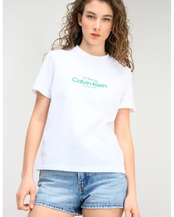 Tricou cu decolteu la baza gatului si imprimeu logo, Verde/Alb optic