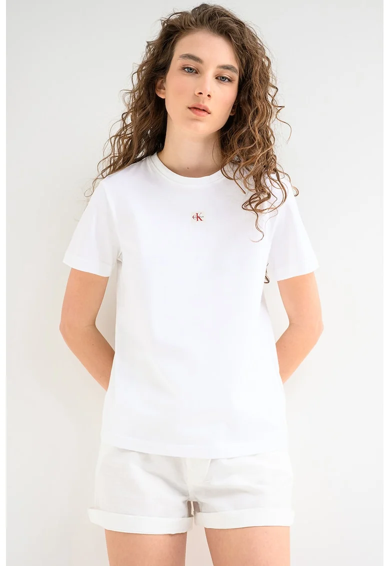 Tricou din bumbac cu aplicatie logo discreta, Alb optic