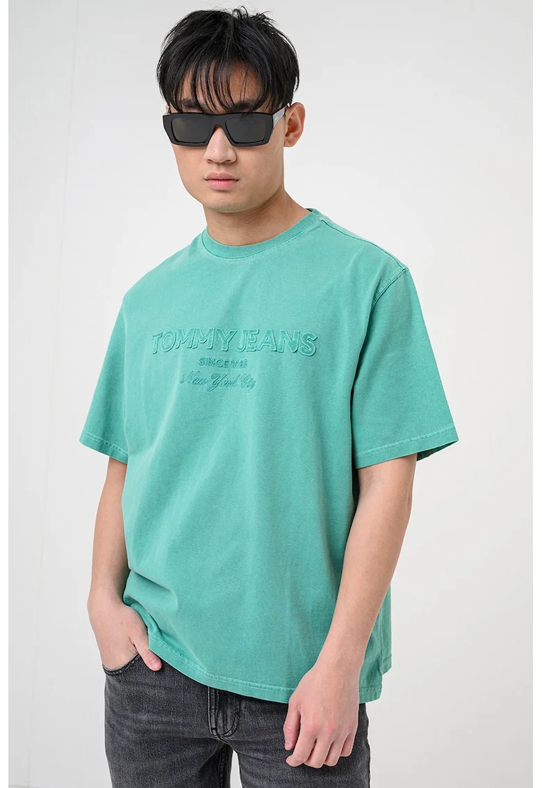 Tricou cu decolteu la baza gatului si imprimeu logo, Verde irlandez