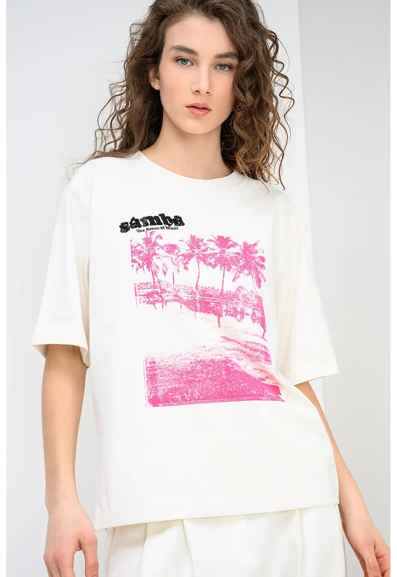 Tricou lejer de bumbac cu decolteu la baza gatului Eregular, Fucsia/Crem