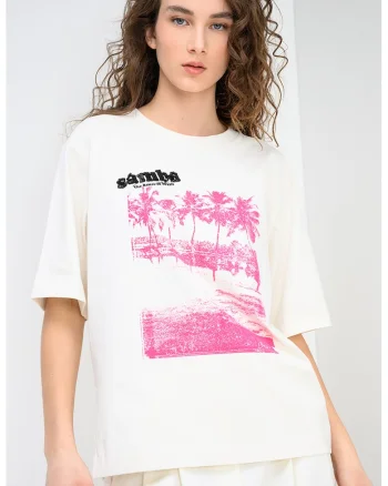 Tricou lejer de bumbac cu decolteu la baza gatului Eregular, Fucsia/Crem