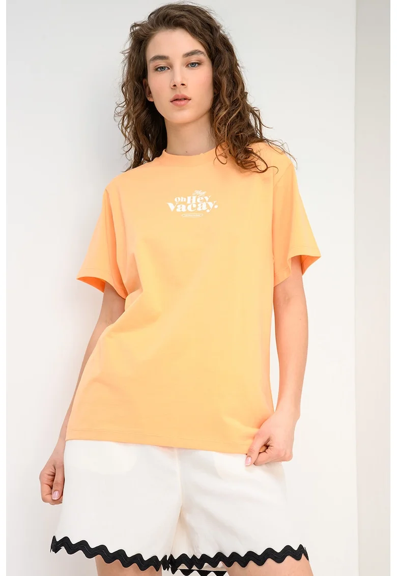 Tricou lejer cu decolteu la baza gatului, Alb/Portocaliu