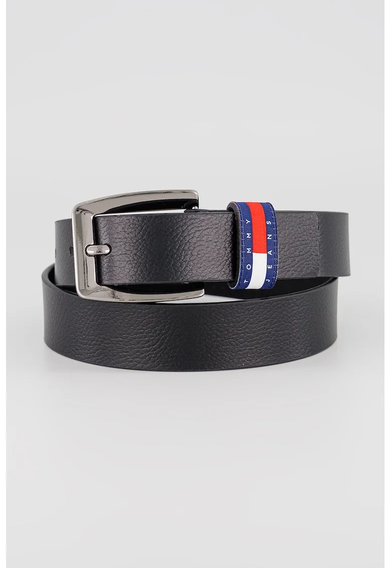 Curea ingusta de piele cu logo, Negru