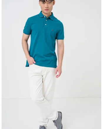 Tricou polo slim fit din amestec de bumbac organic 1985, Verde smarald