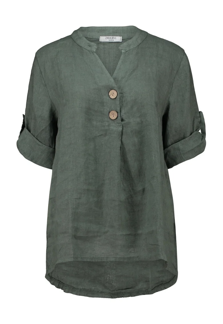 Bluza din in cu maneci ajustabile, Verde masliniu inchis