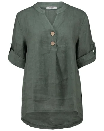 Bluza din in cu maneci ajustabile, Verde masliniu inchis