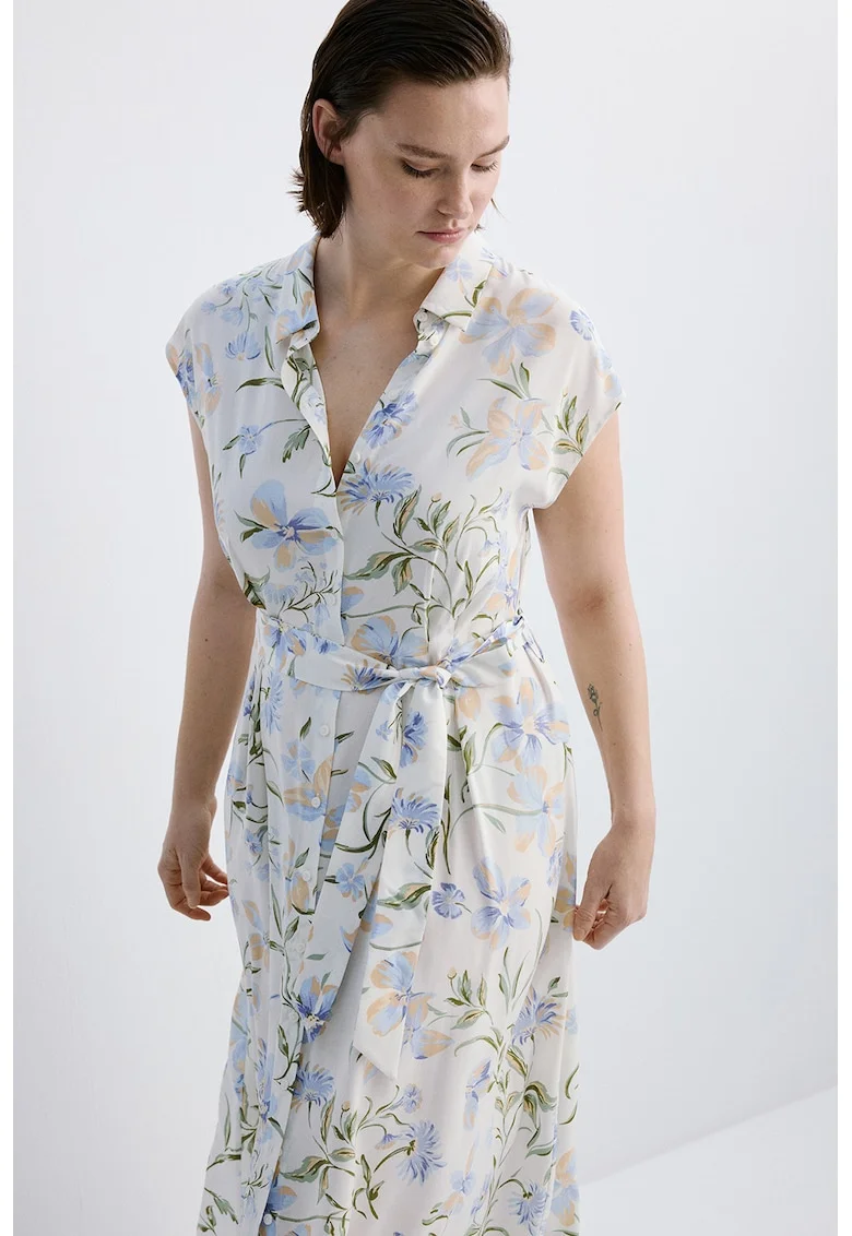 Rochie vaporoasa cu cordon in talie si model floral, Albastru lavanda/Bej inchis/Alb murdar