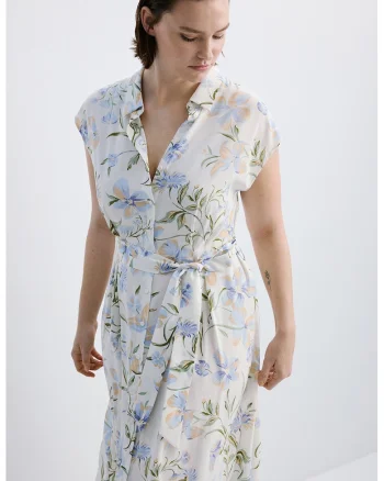 Rochie vaporoasa cu cordon in talie si model floral, Albastru lavanda/Bej inchis/Alb murdar