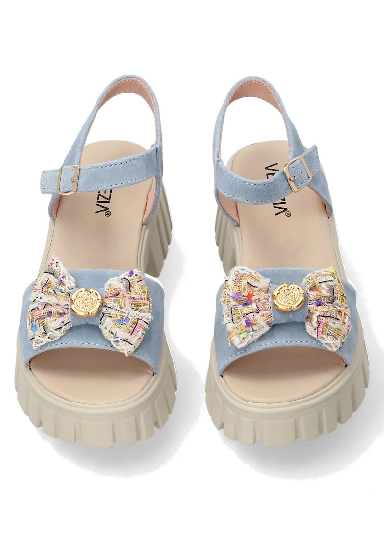 Sandale din piele intoarsademi-wedge cu fundita