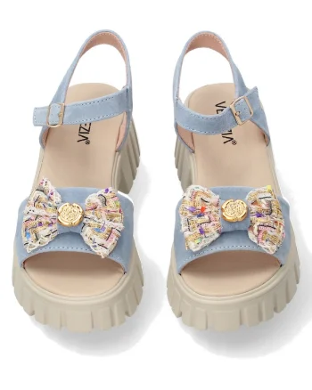 Sandale din piele intoarsademi-wedge cu fundita