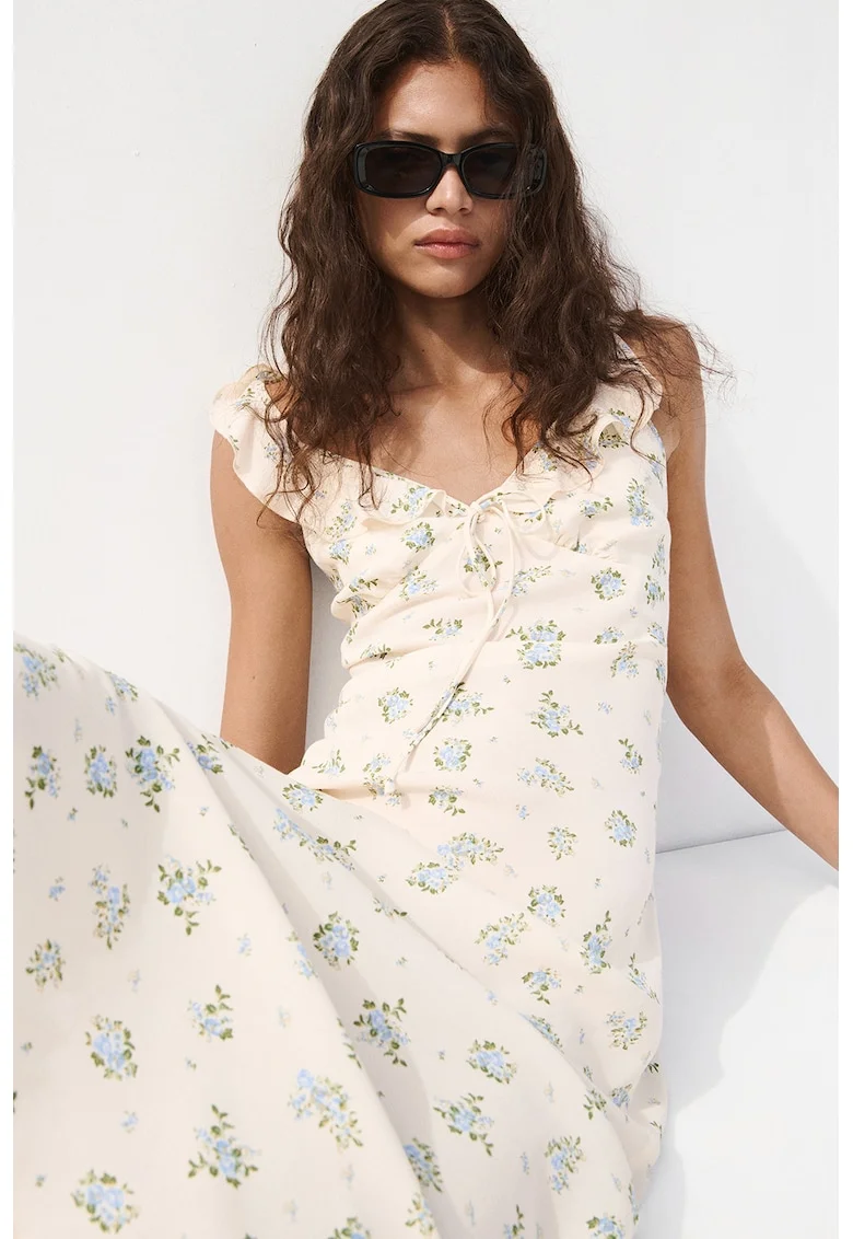 Rochie cu decolteu in V si model floral, Alb fildes/Albastru lavanda/Verde feriga