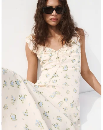 Rochie cu decolteu in V si model floral, Alb fildes/Albastru lavanda/Verde feriga