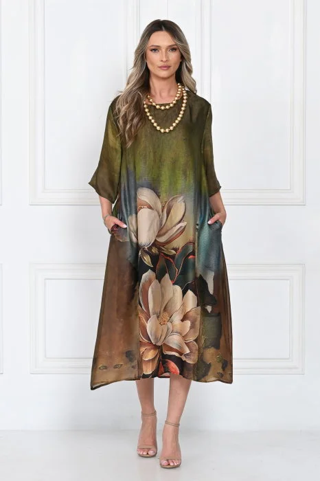 Rochie eleganta satinata A-line cu imprimeu floral artistic si croi lejer fluid, verde-olive-maro-bej