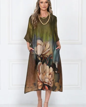 Rochie eleganta satinata A-line cu imprimeu floral artistic si croi lejer fluid, verde-olive-maro-bej