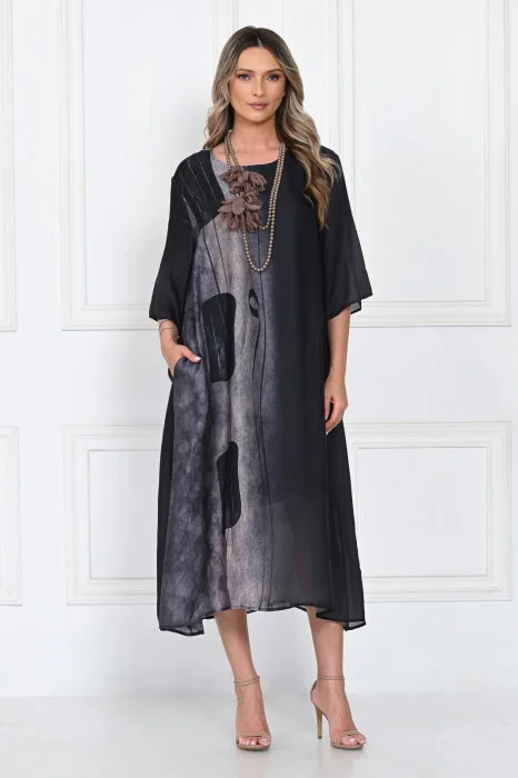 Rochie eleganta satinata A-line cu imprimeu abstract si croi lejer fluid, negru-gri