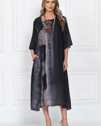 Rochie eleganta satinata A-line cu imprimeu abstract si croi lejer fluid, negru-gri