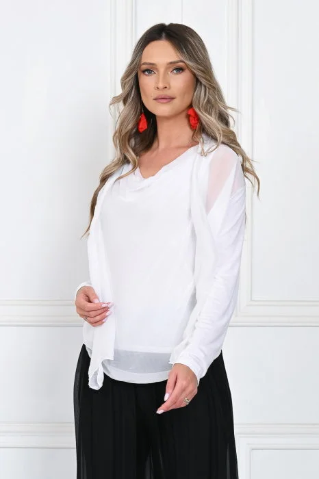Blazer dama lejer cu design fluid si insertie din matase, croi relaxat, alb