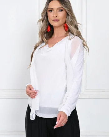 Blazer dama lejer cu design fluid si insertie din matase, croi relaxat, alb