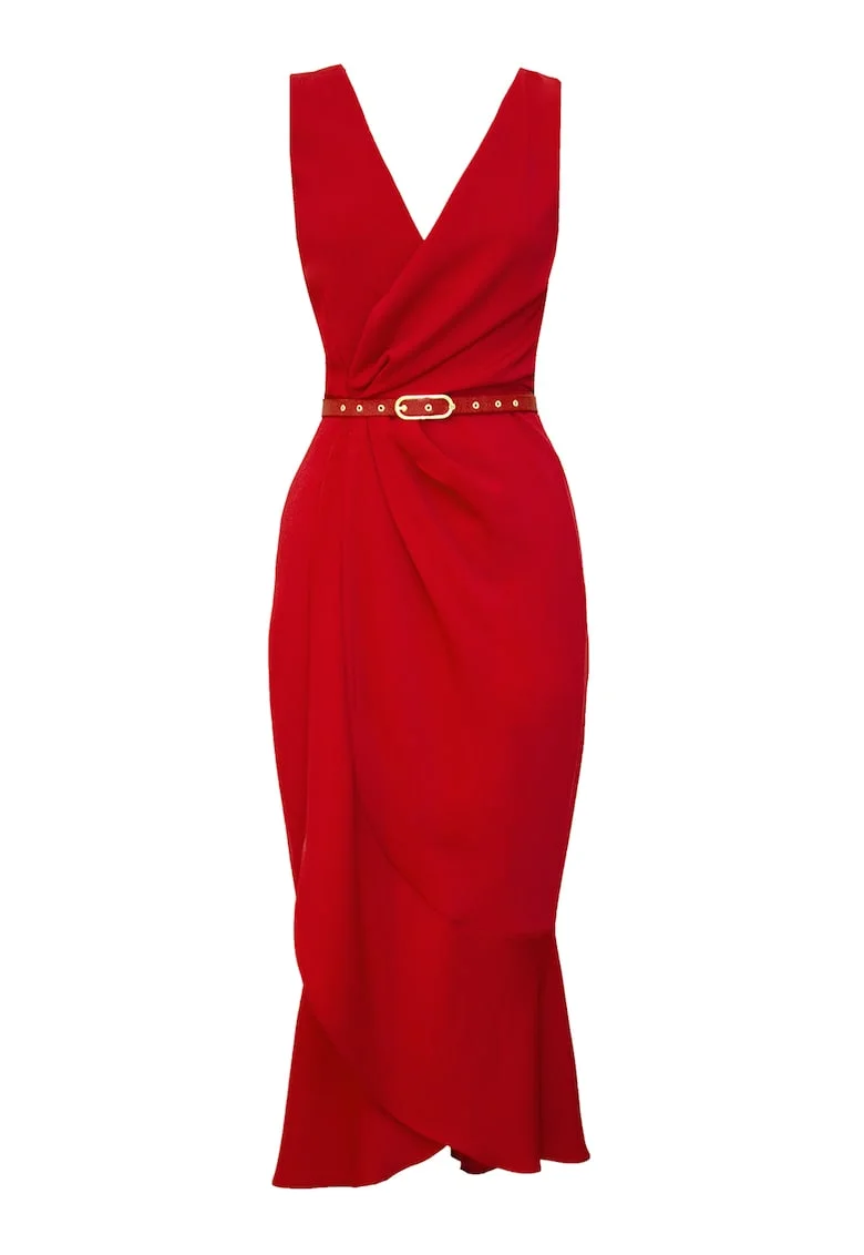 Rochie midi petrecuta cu decolteu cache-coeur Fame, Rosu