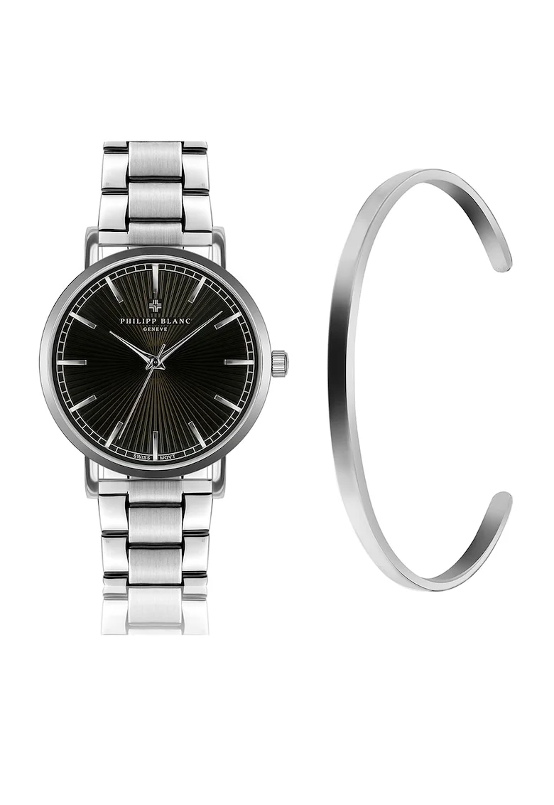 Set de ceas unisex si bratara, Negru/Argintiu