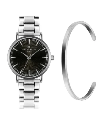 Set de ceas unisex si bratara, Negru/Argintiu