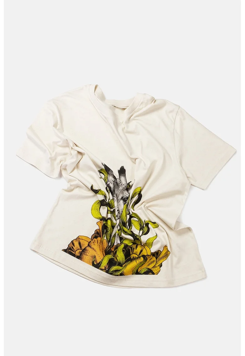 Tricou de bumbac organic cu imprimeu grafic si decolteu la baza gatului, Gri/Galben/Crem