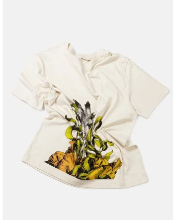 Tricou de bumbac organic cu imprimeu grafic si decolteu la baza gatului, Gri/Galben/Crem
