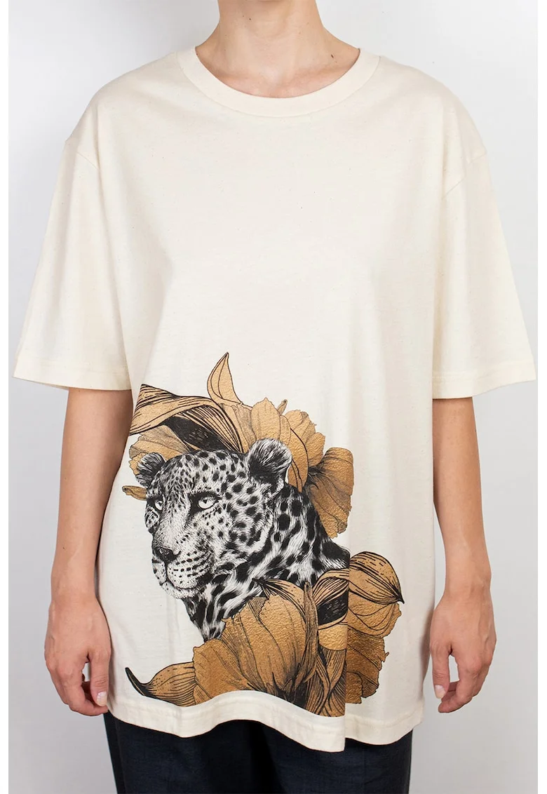 Tricou de bumbac organic cu imprimeu grafic, Gri/Crem