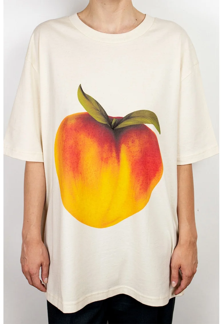 Tricou de bumbac organic cu imprimeu cu fructe, Roz piersica/Crem