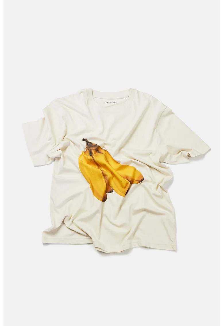 Tricou de bumbac organic cu imprimeu cu fructe si decolteu la baza gatului, Galben pal