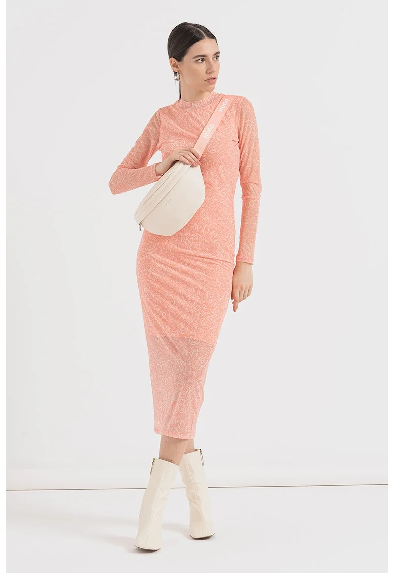 Rochie midi cu imprimeu Nasusi, Alb/Portocaliu