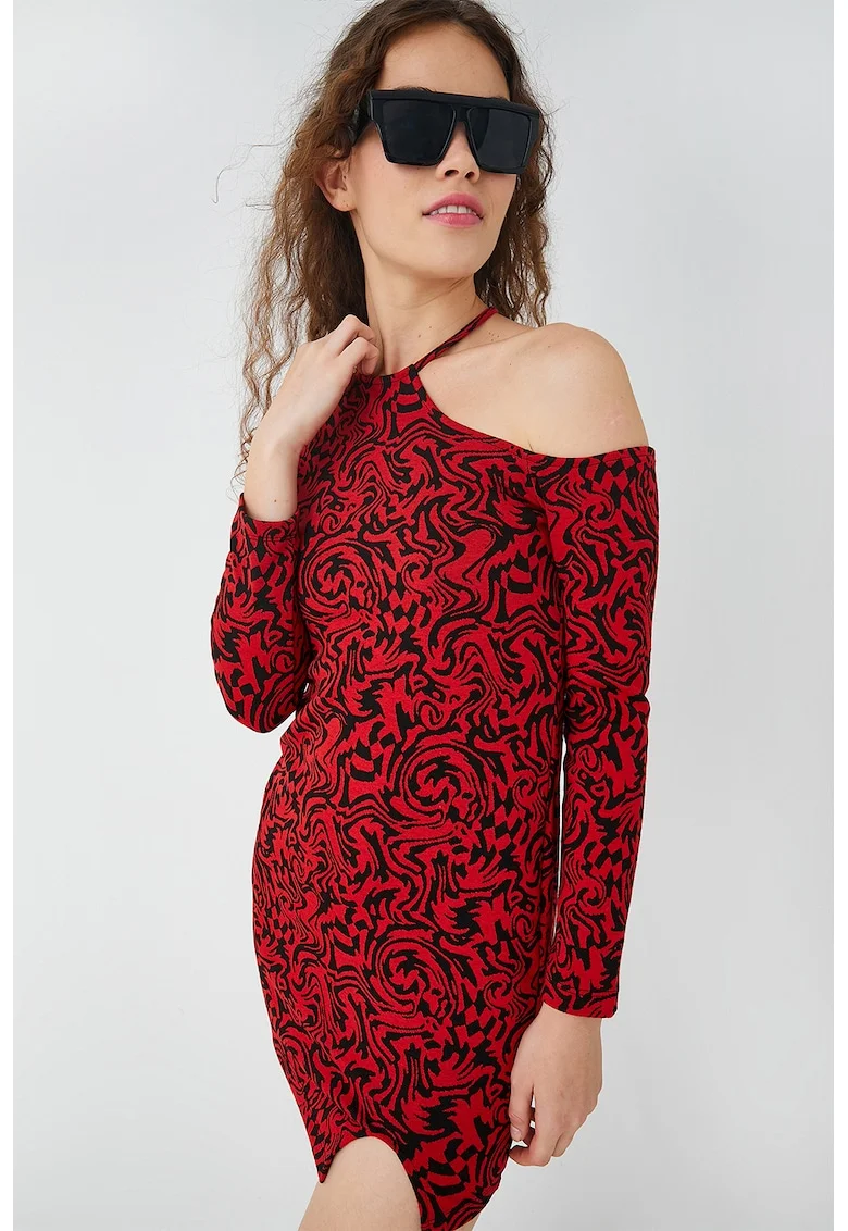 Rochie mini cu imprimeu abstract, Rosu/Negru
