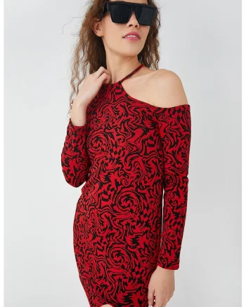Rochie mini cu imprimeu abstract, Rosu/Negru