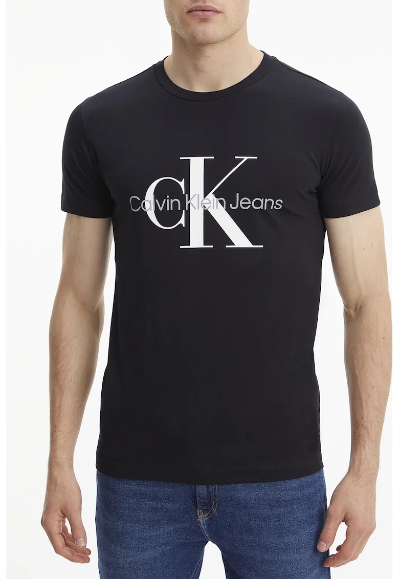 Tricou slim-fit cu imprimeu logo, Negru stins/Alb murdar