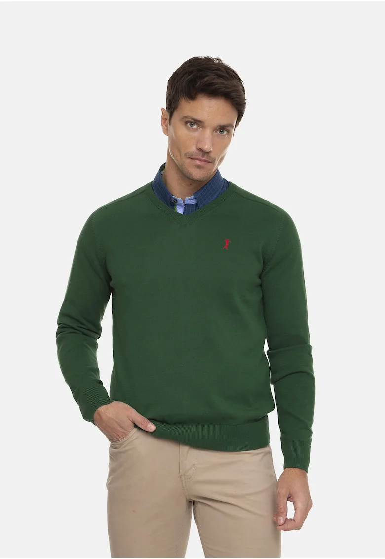 Pulover tricotat fin cu decolteu in V, Verde