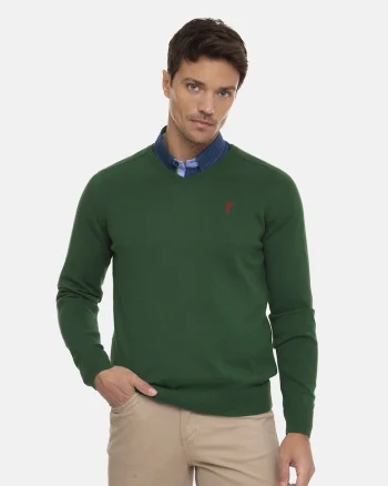 Pulover tricotat fin cu decolteu in V, Verde