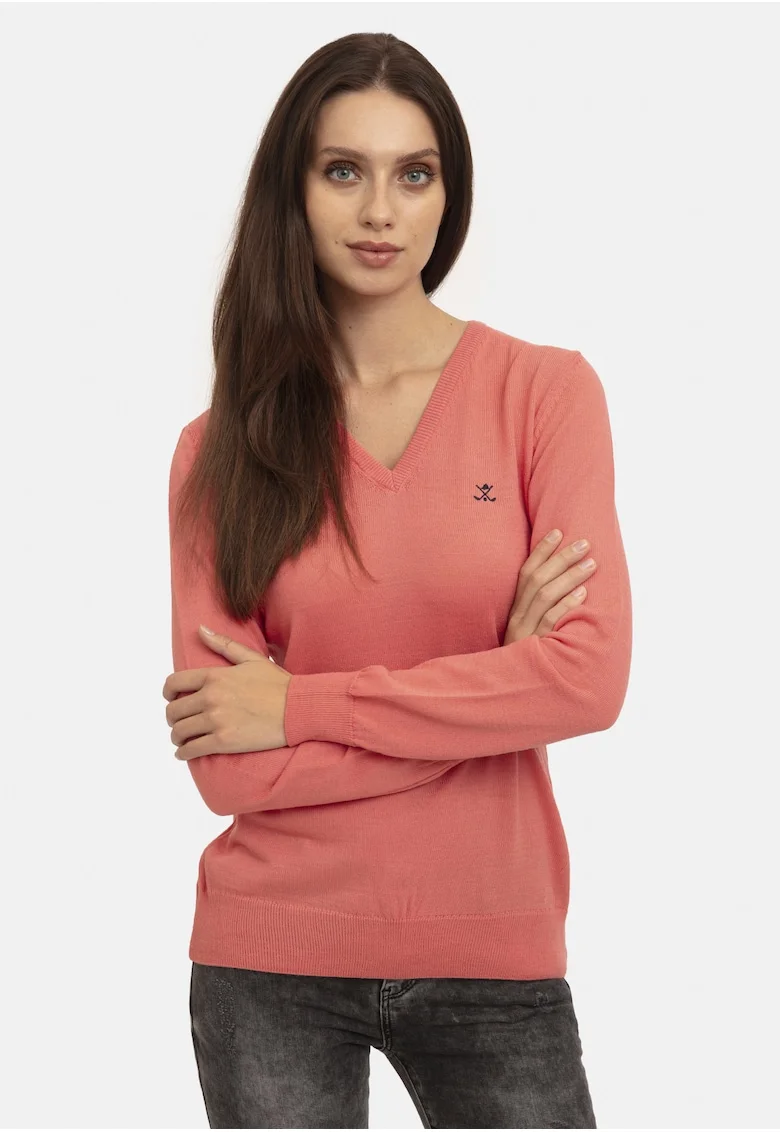 Pulover slim fit cu decolteu in V, Roz somon