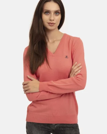 Pulover slim fit cu decolteu in V, Roz somon