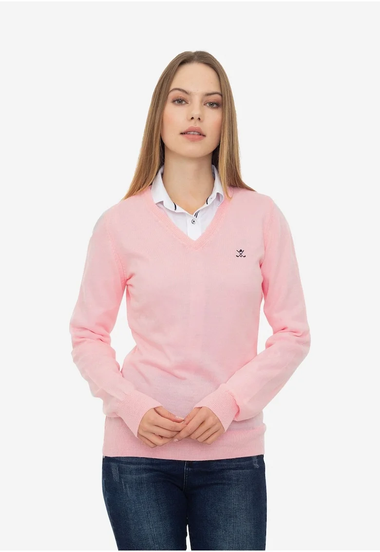 Pulover slim fit cu decolteu in V, Roz