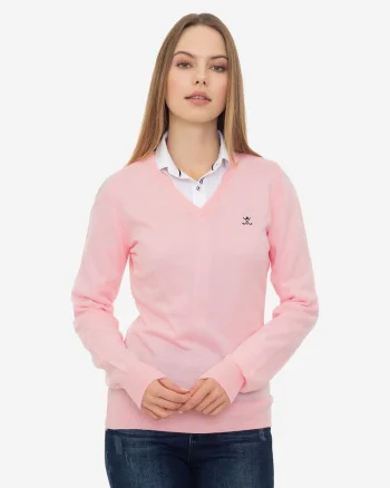 Pulover slim fit cu decolteu in V, Roz