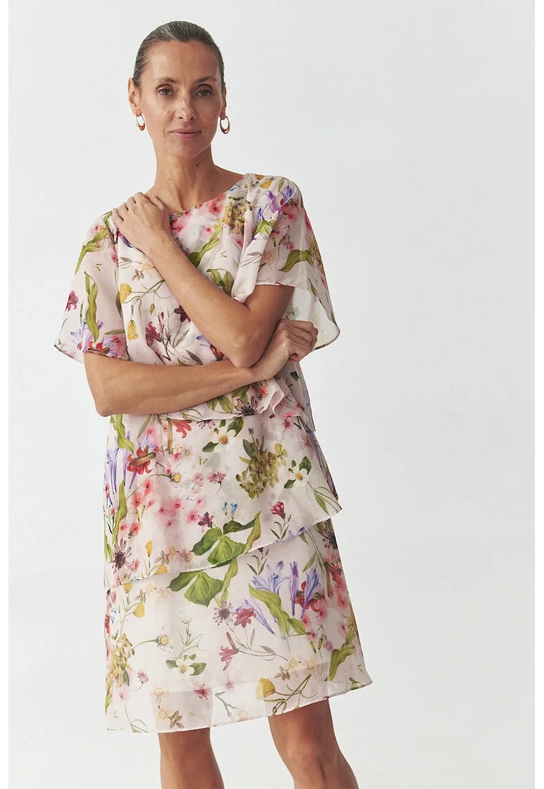 Rochie mini cu model floral, Alb fildes/Verde masliniu