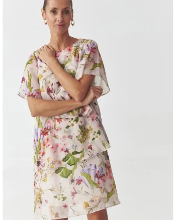 Rochie mini cu model floral, Alb fildes/Verde masliniu