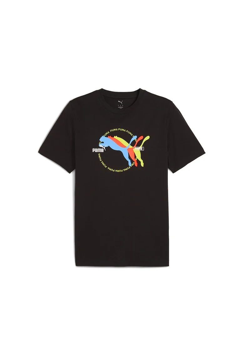 Tricou cu imprimeu logo si decolteu la baza gatului, Negru/Galben/Albastru deschis