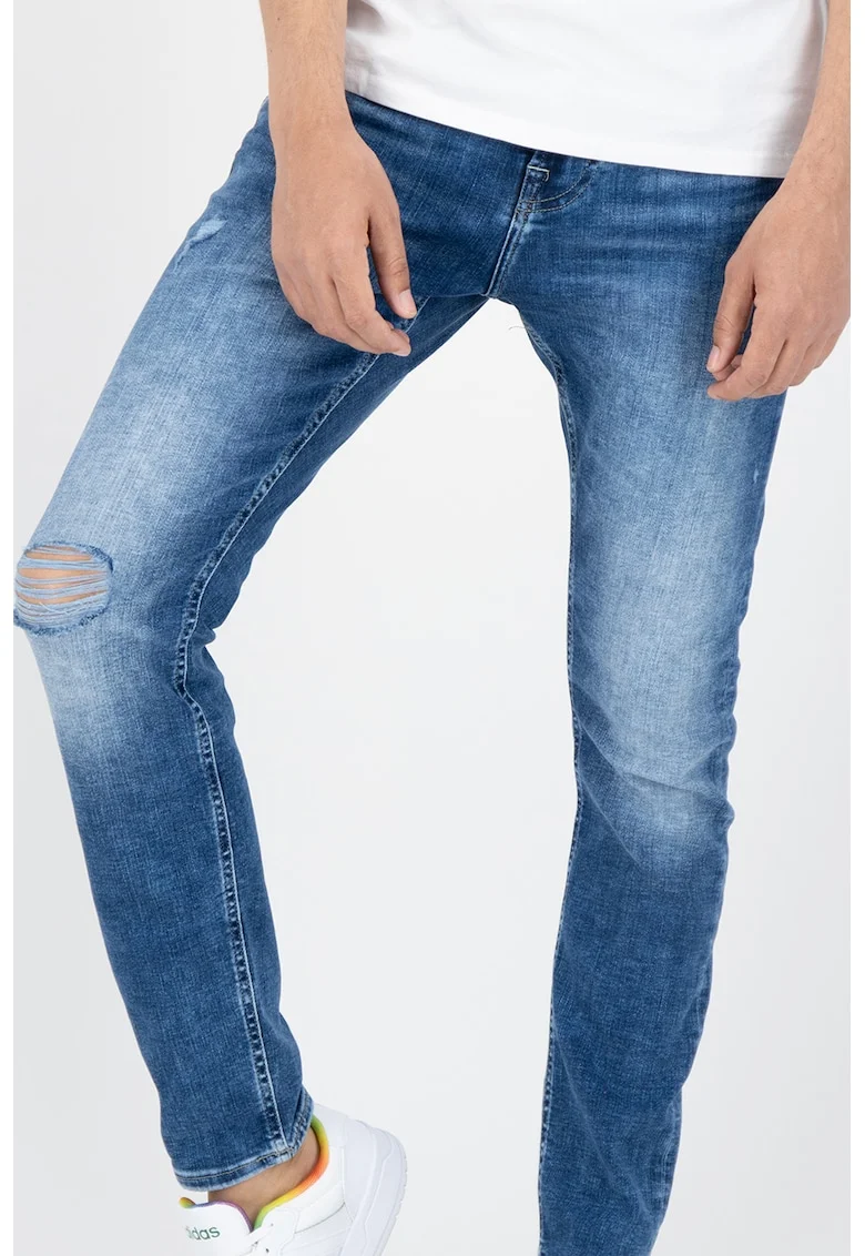 Blugi slim fit cu aspect decolorat si patat Chris, Albastru