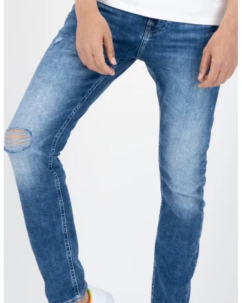 Blugi slim fit cu aspect decolorat si patat Chris, Albastru